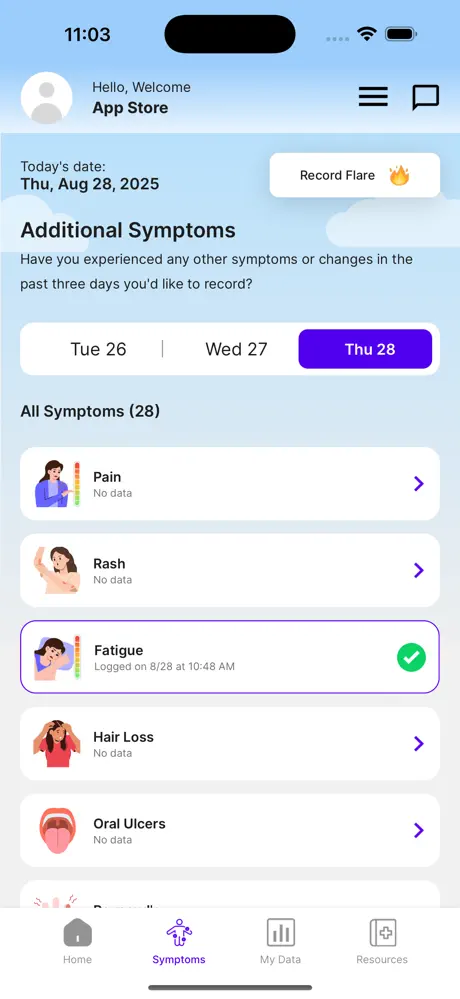 Symptoms tab showing a list including Pain, Rash, Fatigue with a “Record Flare” button.
