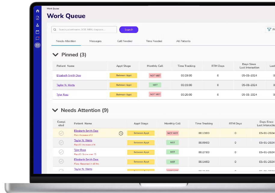 Rheumera Work Queue: pinned patients and needs-attention queue